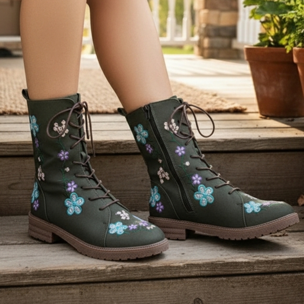 Embroidered Floral Round Toe Victorian-Inspired Block Heel Boots Lace-up Shoes